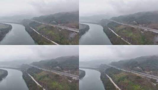 航拍云雾缭绕的广东清远连江畔高速公路高清在线视频素材下载