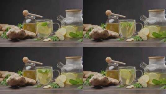 柠檬和生姜热气腾腾的玻璃杯有机凉茶高清在线视频素材下载