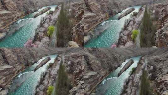 碧绿的河流穿过新疆杏花村 公路边鲜花盛开高清在线视频素材下载