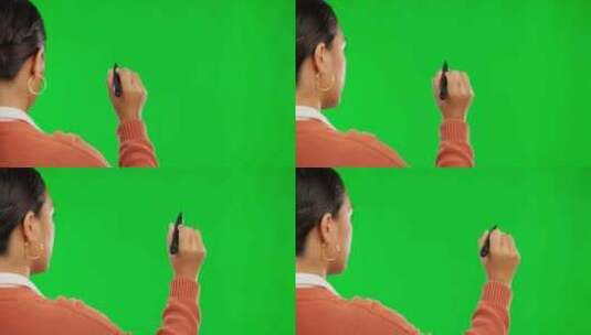 女人，在绿屏或模型上写作和钢笔，用于在工高清在线视频素材下载