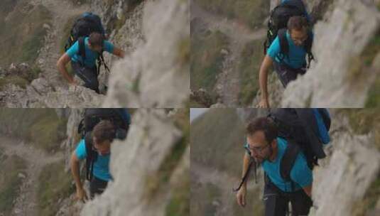 在莱科阿尔卑斯山徒步旅行的背包客高清在线视频素材下载