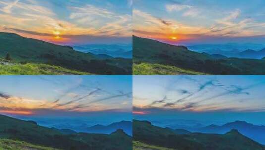 夏季绿色高山草甸群山日落夕阳风光高清在线视频素材下载