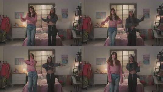 十几岁的朋友随着韩国流行音乐跳舞在家拍摄高清在线视频素材下载