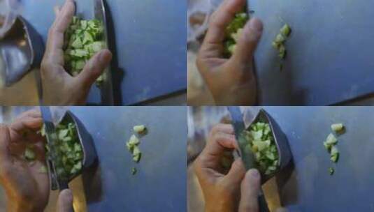 用手和刀把刚切好的黄瓜从砧板上移到沙拉碗高清在线视频素材下载