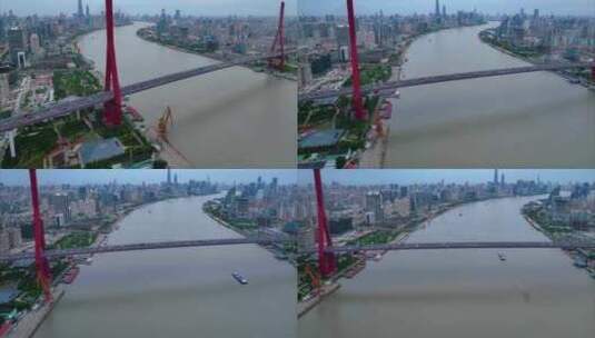 上海市浦东新区杨浦大桥城市车流船只船舶航高清在线视频素材下载
