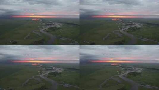 内蒙古呼伦贝尔大草原夏季河道日落航拍高清在线视频素材下载