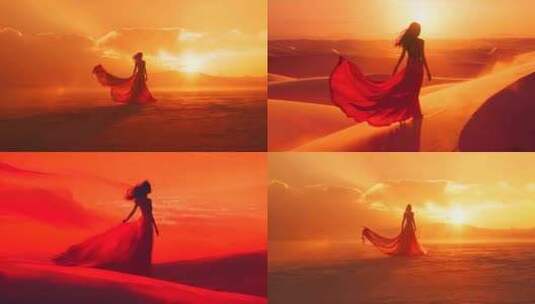 红色 美女 夕阳 沙漠高清在线视频素材下载