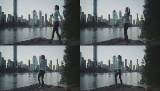 穿着运动服的女人在河边跑步高清在线视频素材下载