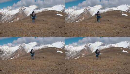 山上旅行的女徒步旅行者高清在线视频素材下载