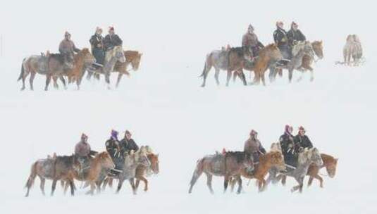 布里亚特牧民骑马在雪原的风雪中高清在线视频素材下载