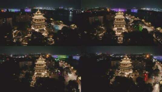 航拍夜晚灯火通明武汉城区黄鹤楼阁高清在线视频素材下载