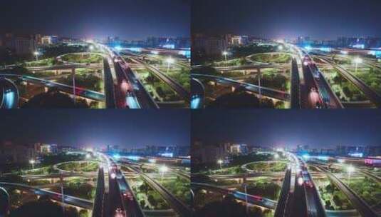 鸟瞰夜晚杭州滨江时代大道高架中兴立交夜景高清在线视频素材下载