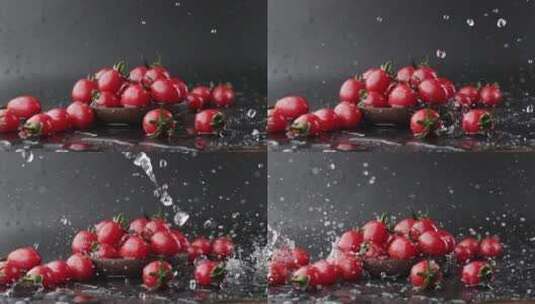 慢镜头拍摄清水冲洗碗里有机新鲜爆浆小番茄高清在线视频素材下载