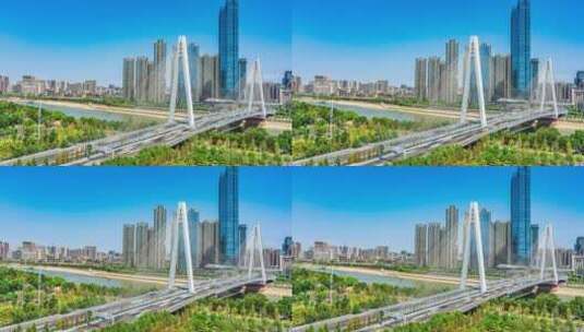 武汉城市地标汉江湾月湖桥桥梁晴天车流延时高清在线视频素材下载