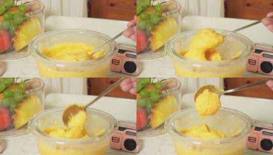 黄色水果奶昔冰激凌放入保鲜盒高清在线视频素材下载