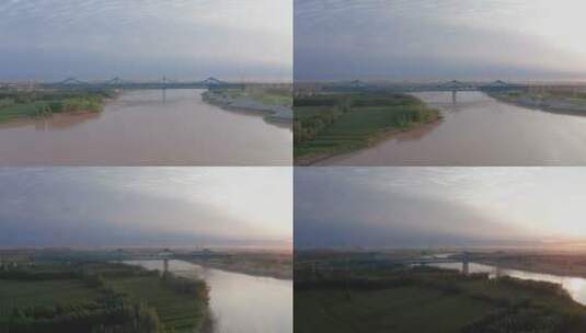 山东济南石济黄河公铁两用桥日出航拍高清在线视频素材下载