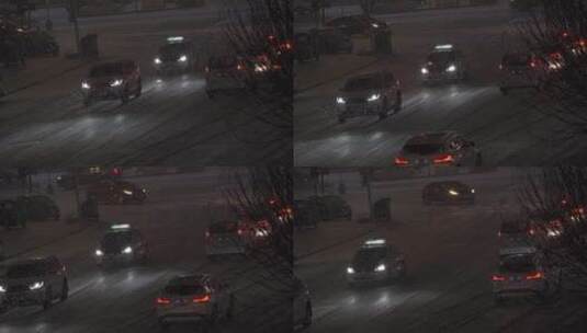 夜晚鹅毛大雪公路行车交通雪路下雪天高清在线视频素材下载