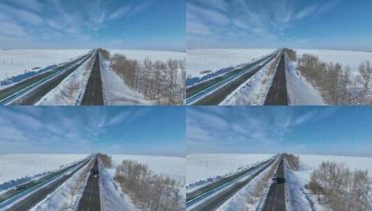 高速公路国道行驶的汽车风吹雪白毛风高清在线视频素材下载