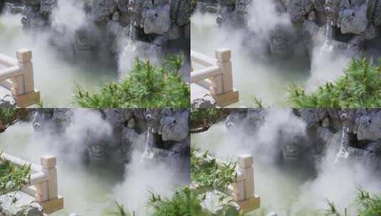 传统中式苏州园林太湖石假山瀑布流水景观高清在线视频素材下载