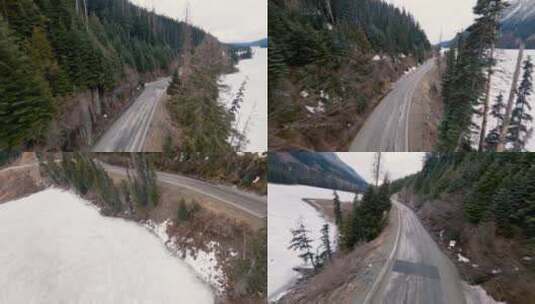 冬季穿越机森林公路河流航拍高清在线视频素材下载
