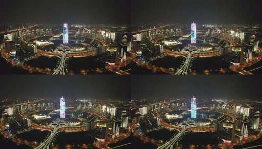 河南郑州会展中心夜景航拍高清在线视频素材下载