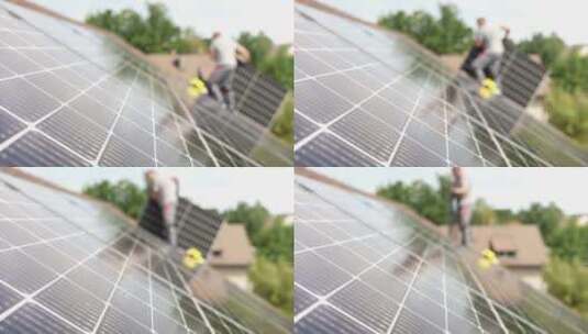 技术人员携带太阳能电池板安装在屋顶上，静电模糊高清在线视频素材下载