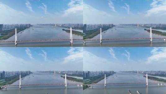 航拍武汉白沙洲长江大桥江景桥梁轮船高清在线视频素材下载