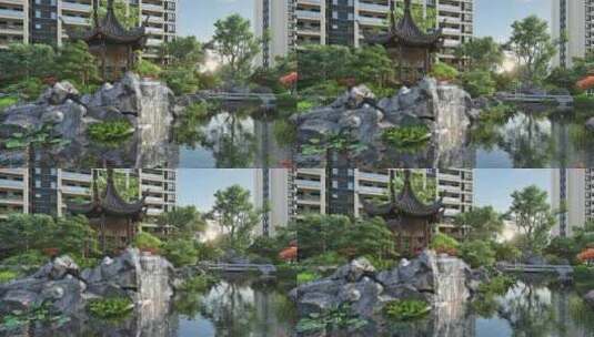 江南小区水景园林三维动画高清在线视频素材下载
