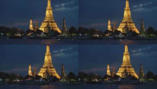 泰国曼谷夜景夜市郑王庙湖泊河流湄南河游船高清在线视频素材下载