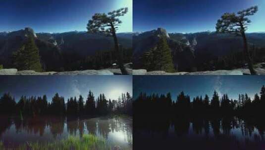 山顶 松树 星辰 树林 湖水月光高清在线视频素材下载