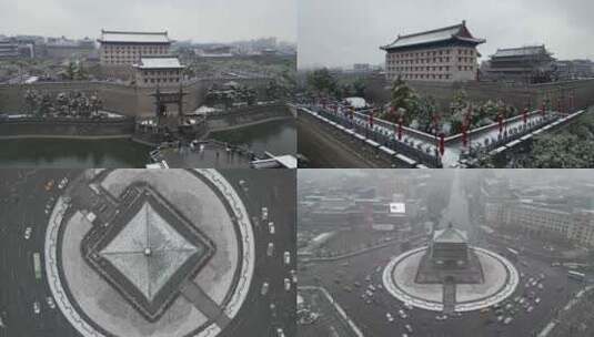 西安大雪钟楼永宁门城墙雪景航拍合集4高清在线视频素材下载