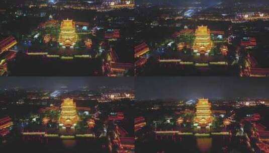 枣庄台儿庄古城夜景打树花航拍宣传片段高清在线视频素材下载