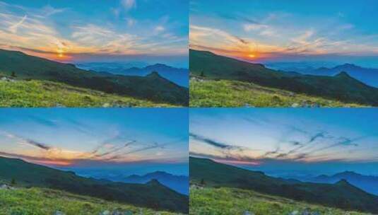 夏季绿色高山草甸群山日落夕阳风光高清在线视频素材下载