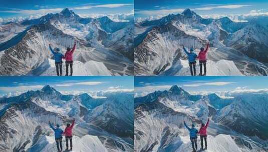 登山者站在山顶航拍高清在线视频素材下载