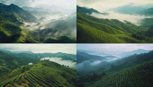 雨雾缭绕的茶山茶叶茶园采茶绿茶龙井茶艺高清在线视频素材下载