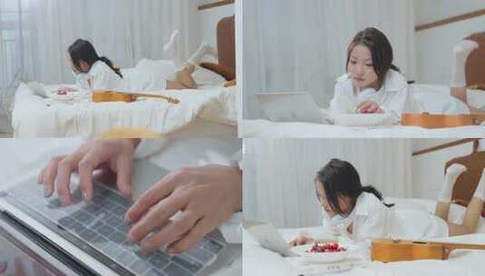 女人在床上玩电脑高清在线视频素材下载