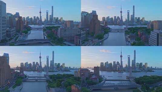 4k实时航拍上海外滩苏州河日出早霞高清在线视频素材下载