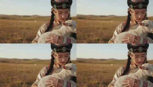 草原女子怀抱小羊的场景高清在线视频素材下载