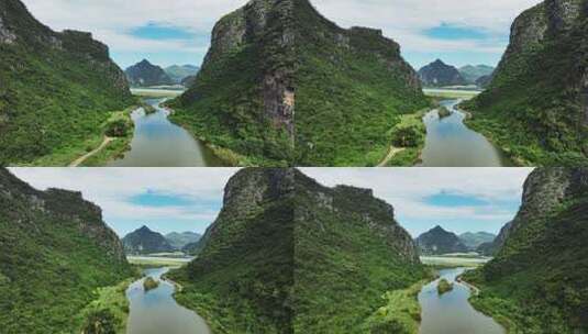 航拍阳光下广西贺州钟山水墨田园风光高清在线视频素材下载