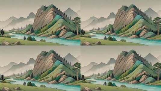 山水古风插画场景高清在线视频素材下载