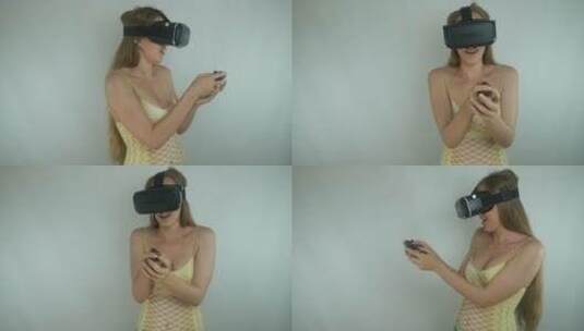 虚拟现实头盔中的女子玩游戏高清在线视频素材下载
