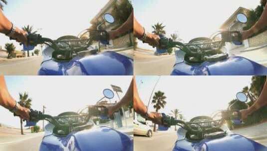 骑手骑摩托车在街道上行驶第一视角拍摄高清在线视频素材下载