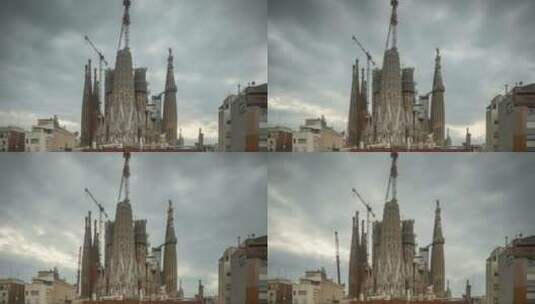 巴塞罗那城市圣家堂大教堂天亮天空延时高清在线视频素材下载