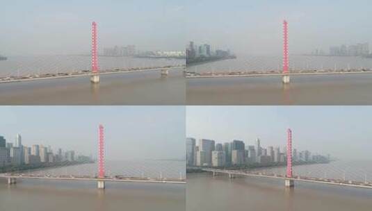 杭州西兴大桥市民中心钱塘江航拍高清在线视频素材下载