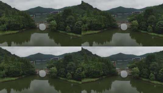航拍杭州湘湖石拱桥高清在线视频素材下载