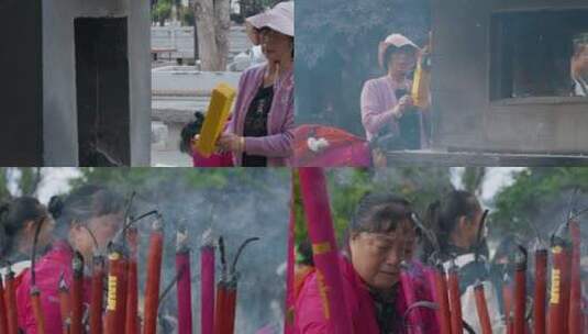 中元节妇女香火朝拜烧香拜佛高清在线视频素材下载