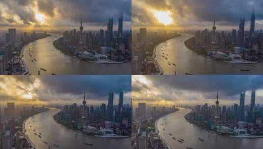 上海航拍陆家嘴日出早霞延时摄影地标建筑高清在线视频素材下载