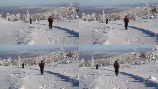 摄影者在林海雪原上行走高清在线视频素材下载