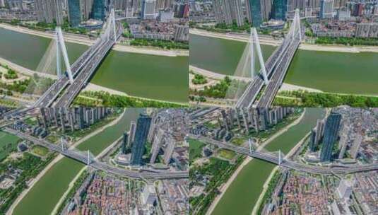 武汉城市地标汉江湾月湖桥晴天车流延时航拍高清在线视频素材下载