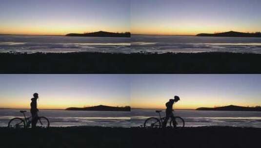 傍晚日落推着自行车行走的人高清在线视频素材下载